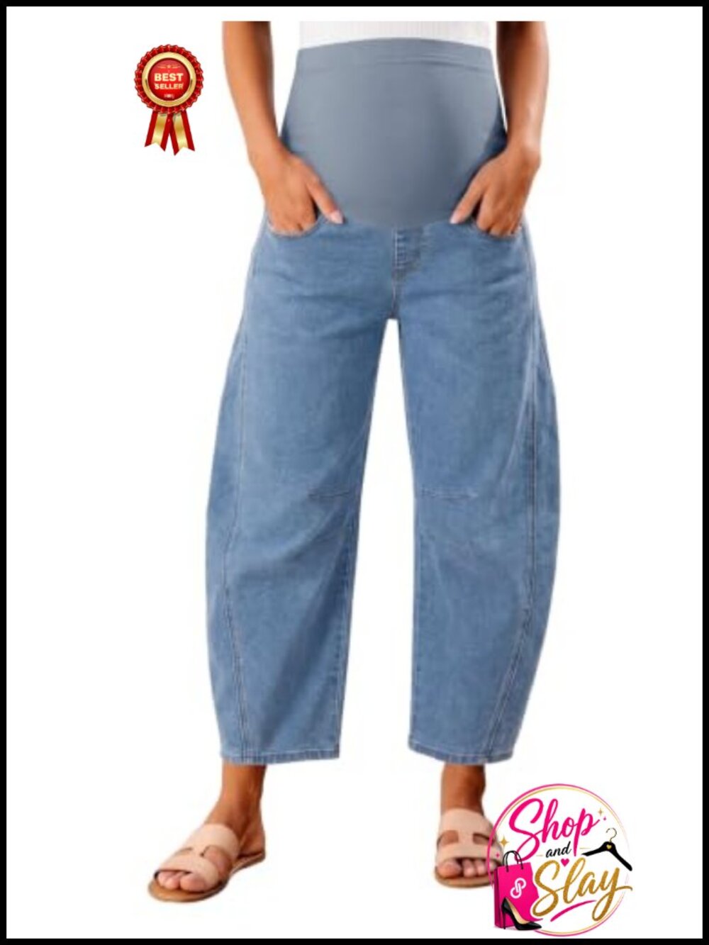 Maternity Wide Leg Cropped Jeans Over Belly Pull On Stretch Denim Pregnancy